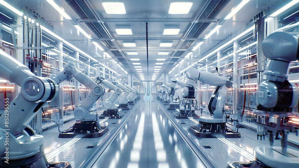 Smart factory with heavy automation robot arm, Industry 4.0, high-tech manufacturing environment, detailed and futuristic, bright lighting Smart factory with heavy automation robot arm, Industry 4.0, high-tech manufacturing environment, detailed and futuristic, bright lighting