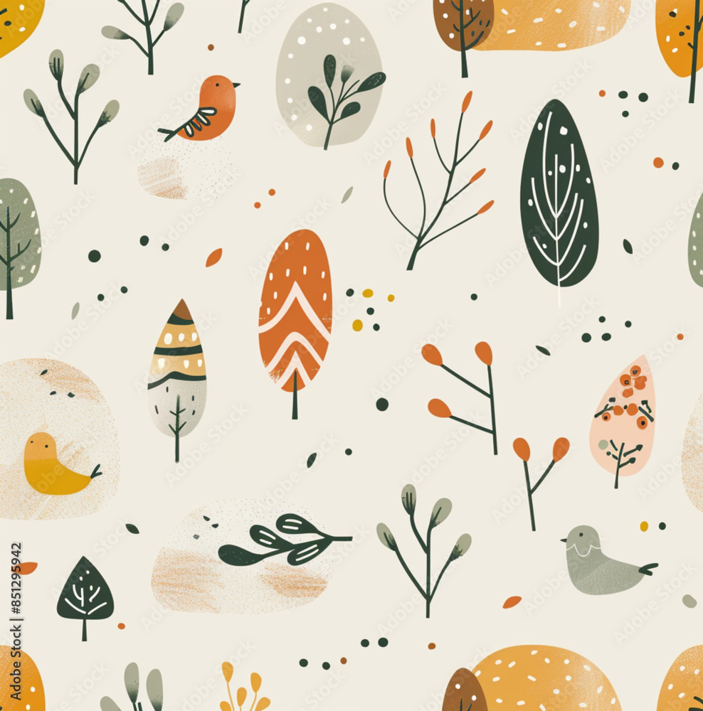 continuous nordic autumn winter textile pattern for kids, organic, earthy tones, minimal, negative space, nature inspired, dreamy, on cream background continuous nordic autumn winter textile pattern for kids, organic, earthy tones, minimal, negative space, nature inspired, dreamy, on cream background