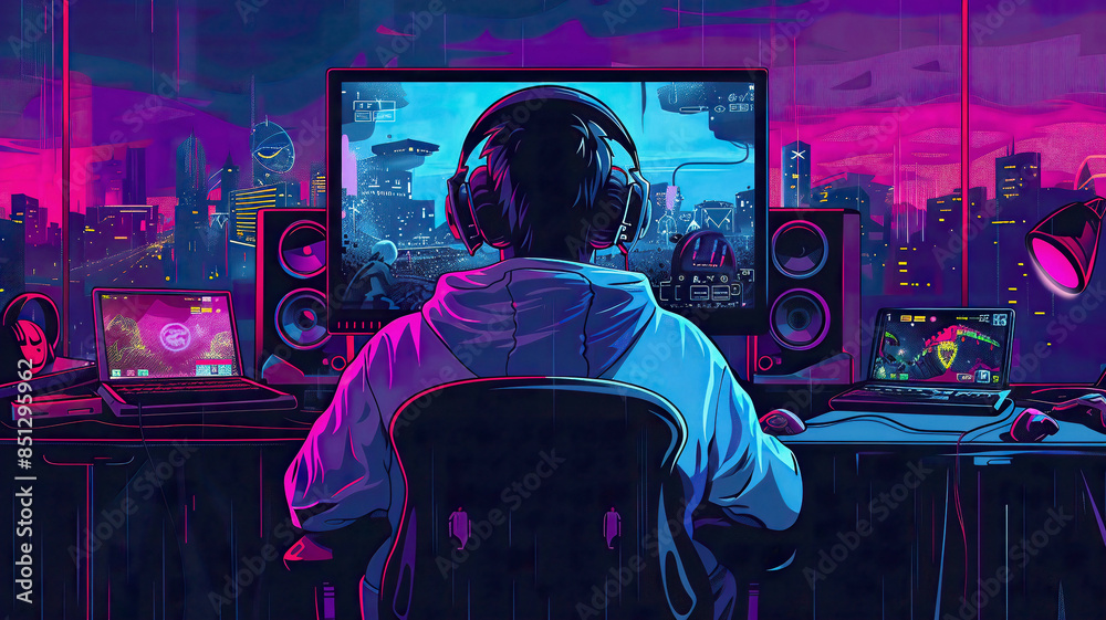 Obraz premium illustration of a young gamer sitting in front of a screen, playing a video game, wearing headphones, detailed and vibrant, high-tech gaming setup, bright colors
