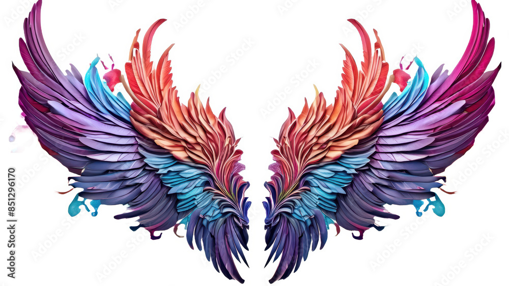 Obraz premium artwork of a neo traditional isolated wings feather,colorful fantasy spray on a white background Marker and spray tattoo design, octane render, super HD,8K, transparent background