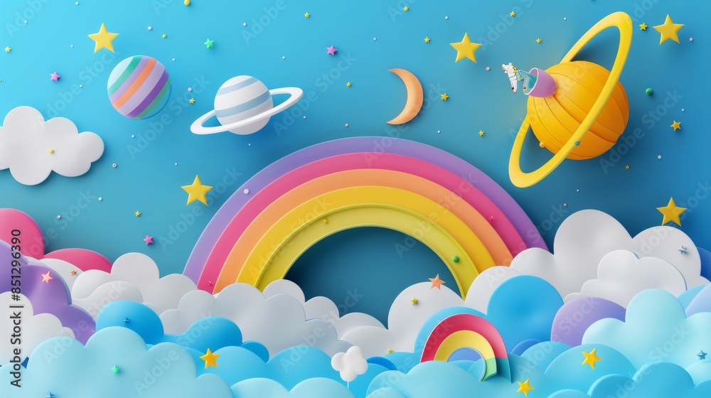 Simple and clean layer paper art, colorful rainbow, clouds, stars and planets in the sky Simple and clean layer paper art, colorful rainbow, clouds, stars and planets in the sky