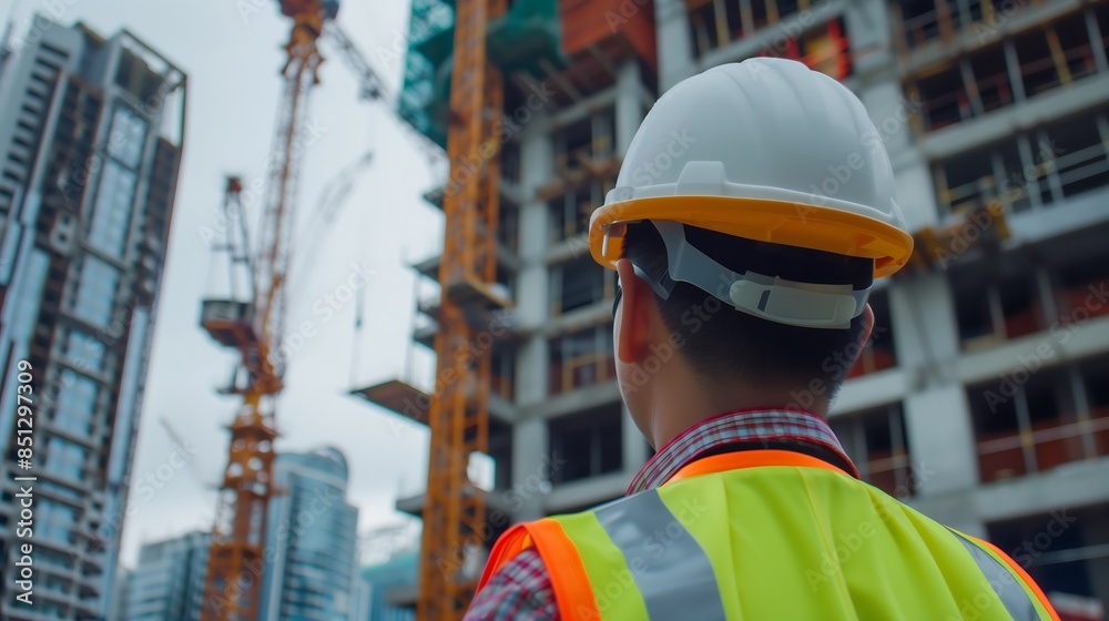 Civil engineer inspecting high-rise building construction site, wearing hard hat and safety vest Civil engineer inspecting high-rise building construction site, wearing hard hat and safety vest