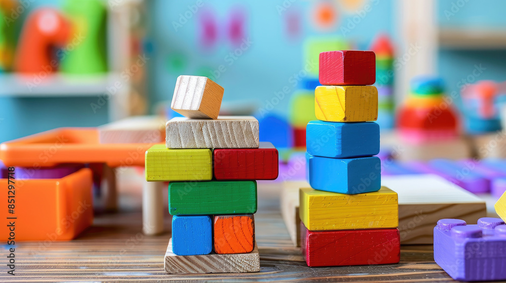 A colorful pile of toy wooden blocks sits on a table, Ai Generated. A colorful pile of toy wooden blocks sits on a table, Ai Generated.