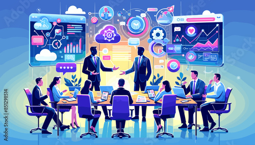 Conceptual concept of an image of a workflow meeting incorporating ChatGPT. Vector illustration.