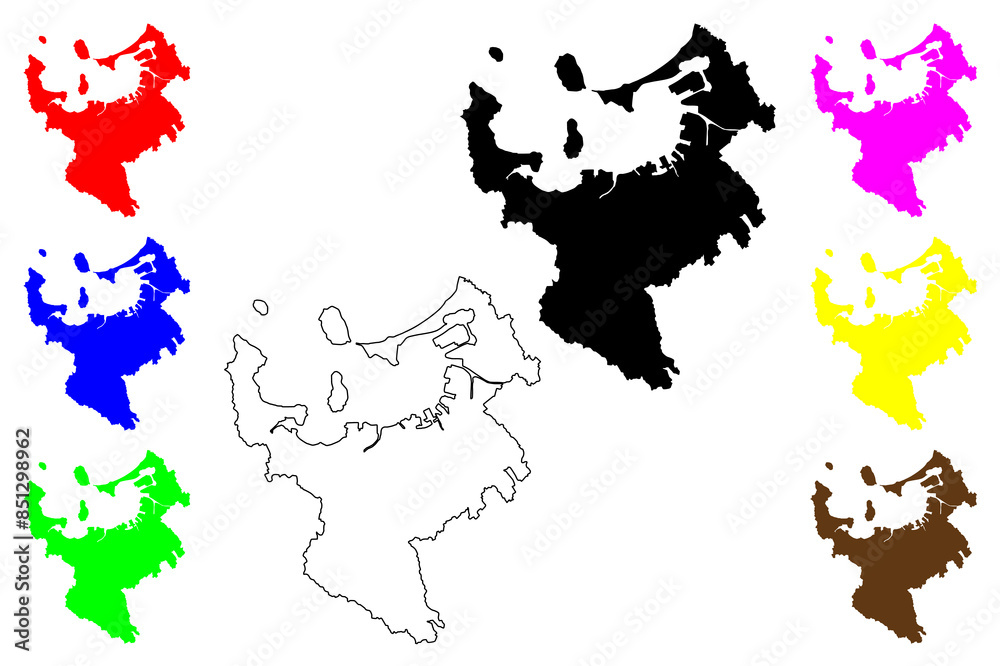 Obraz premium Fukuoka City (State of Japan, island country, Kyushu Region) map vector illustration, scribble sketch City of Fukuoka map