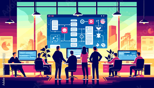 Conceptual concept of an image of a workflow meeting incorporating ChatGPT. Vector illustration.
