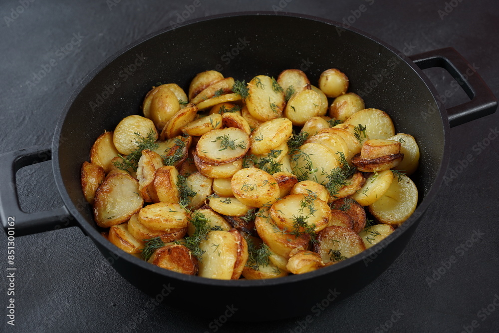 Roasted baby potatoes in iron skillet. Dark grey background. Roasted baby potatoes in iron skillet. Dark grey background.