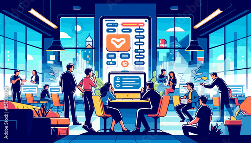 Conceptual concept of an image of a workflow meeting incorporating ChatGPT. Vector illustration.