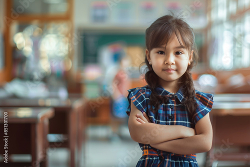 Back to school concept, A very happy Little girl kid in class room, school kid