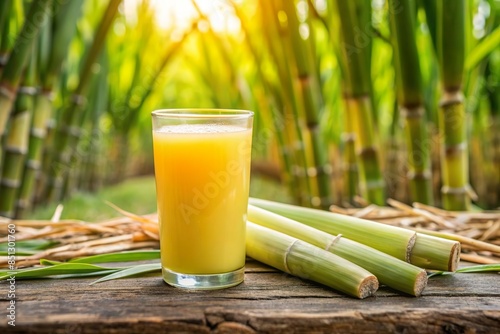 sugarcane juice and green stalk on the field photo