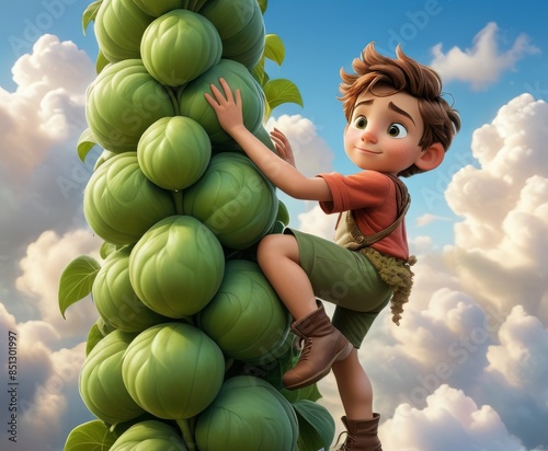 Jack, from the classic tale Jack and the Beanstalk, climbs a massive beanstalk reaching into the sky. The scene captures the adventurous spirit and excitement of his journey, set against a backdrop of photo