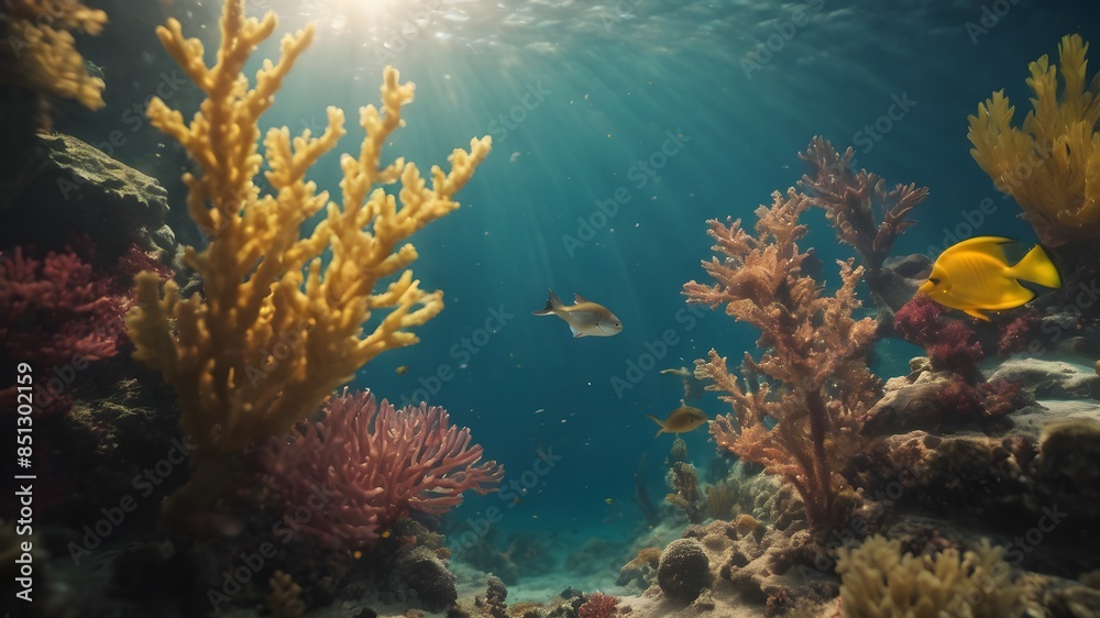 Fototapeta premium A colorful underwater scene with many fish swimming around. The fish are of various colors, including orange, yellow, and blue. The scene is lively and vibrant