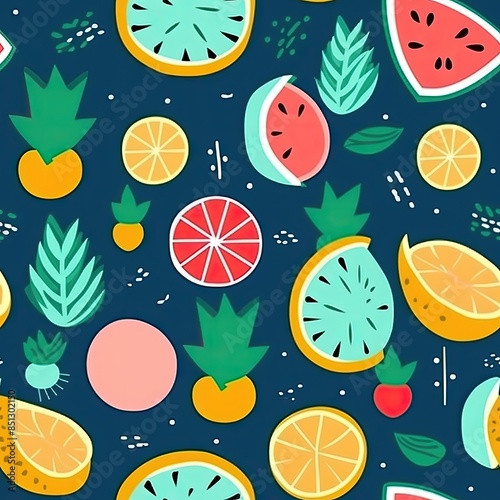 Minimalist graphic design of seamless pattern, summer tropical fruits.