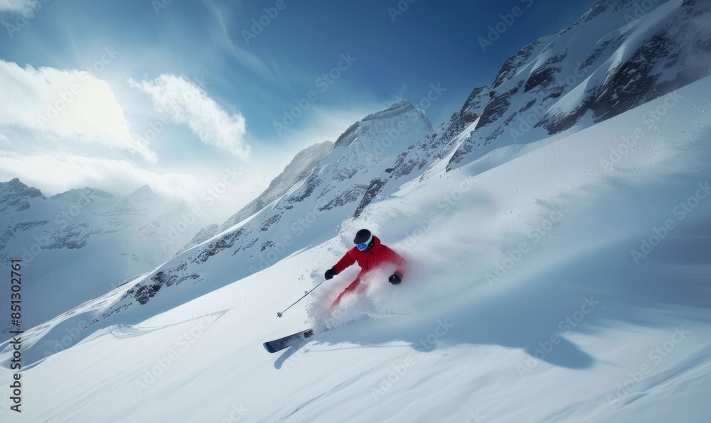 A professional skier in action, gracefully gliding down the slopes of an alpine mountain range with snowcovered peaks and blue sky background A professional skier in action, gracefully gliding down the slopes of an alpine mountain range with snowcovered peaks and blue sky background