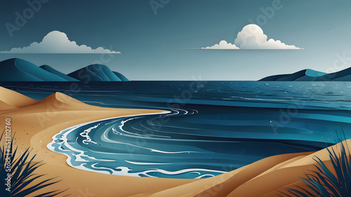 A serene beach and topical illustration of a curving beach meeting a calm sea under a partly cloudy sky, set against a backdrop of distant mountains and soft dunes