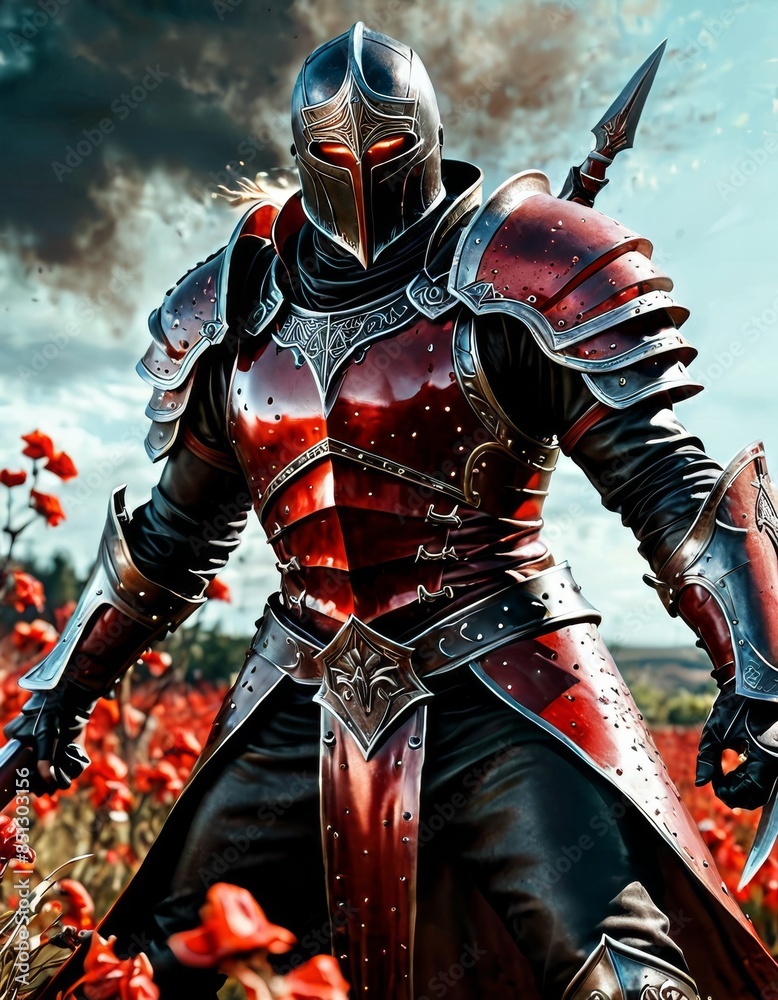 Naklejka premium An armored knight in a striking red and black armor stands in a field of vibrant red flowers. The dramatic sky and the knight's intense posture convey a sense of determination and readiness for battle
