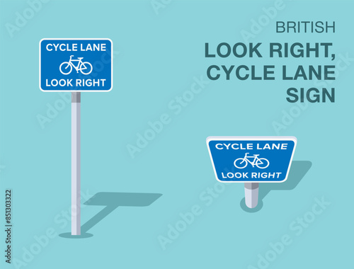 Traffic regulation rules. Isolated British "cycle lane, look right" road sign. Front and top view. Flat vector illustration template.
