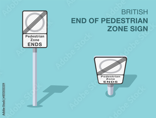 Traffic regulation rules. Isolated British "end of pedestrian zone" road sign. Front and top view. Flat vector illustration template.