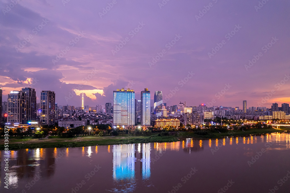 Fototapeta premium Aerial photography of the night scene of Hexi River Bank in Zhuzhou, China