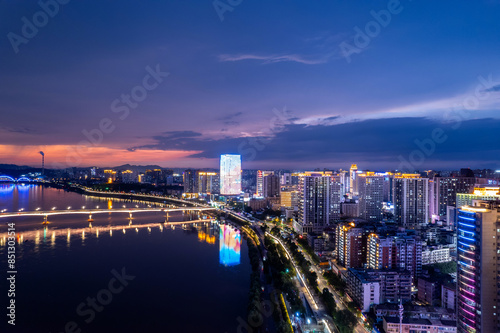 Aerial photography of the night scene on the east bank of the Xiangjiang River in Zhuzhou, China