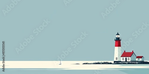 a simple illustration featuring a lighthouse with red and white stripes on the shore