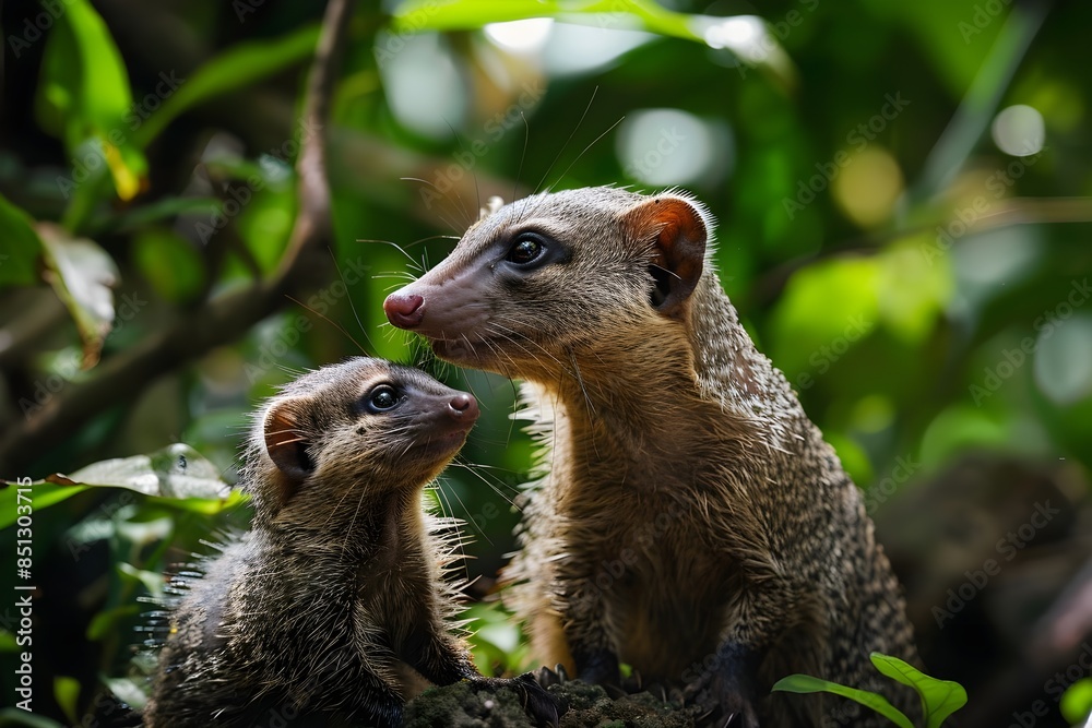 Obraz premium A mongoose and its baby in a natural setting, intricate fur details, attentive expressions, lush green foliage, natural lighting
