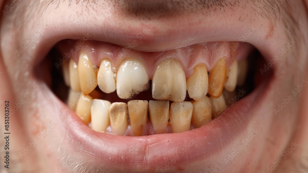 Fototapeta premium Person with yellow-stained teeth from prolonged smoking.