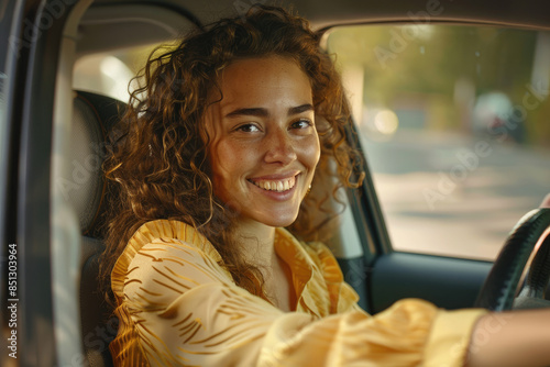 A young woman with curly brown hair is sitting in the driver's seat of her car, smiling and looking out through one side window as she smiles at someone outside the vehicle © Kien
