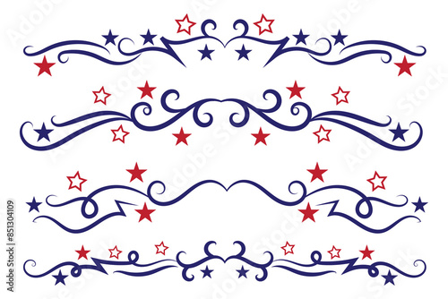 4th of July lettering header Ornate swirls, patriotic red stars, and blue Elegant fancy separators Decorative Elements, American Independence Day Calligraphy Flourishes text dividers