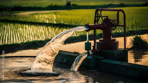 Irrigation of rice fields using ground water pumped through wells, detailing the station where water is channeled from an irrigation canal,