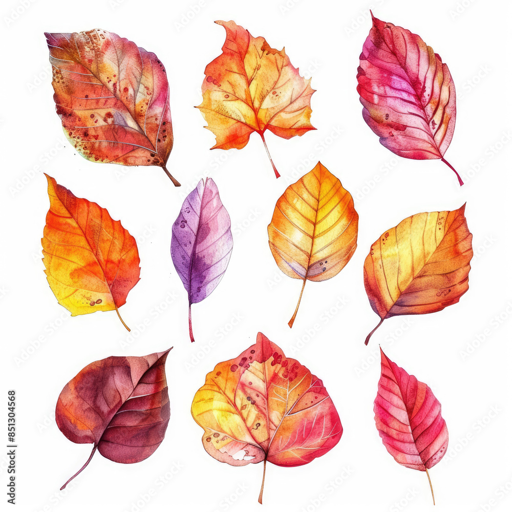 Fototapeta premium Watercolor painting of a collection of autumn leaves with vibrant colors isolated on a white background