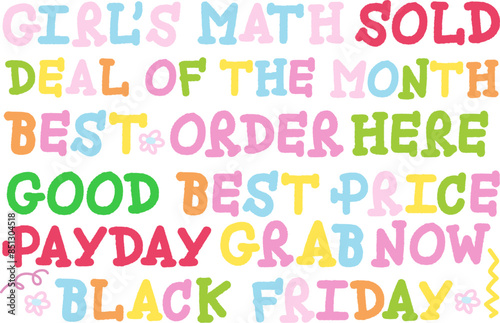 Sale icons of sold, deal of the month, girl's math, order here, payday, best price, black Friday, grab now for promotion, campaign badge, logo, icon, sticker, web button, card print, online shopping