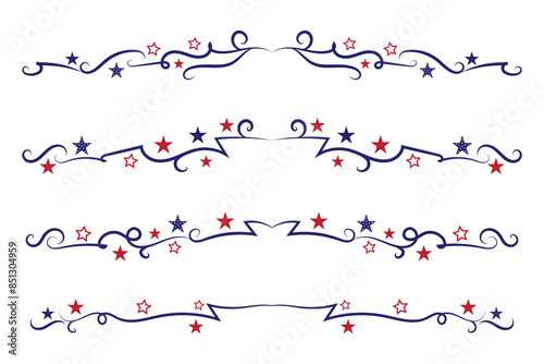 4th of July lettering header Ornate swirls, patriotic red stars, and blue Elegant fancy separators Decorative Elements, American Independence Day Calligraphy Flourishes text dividers