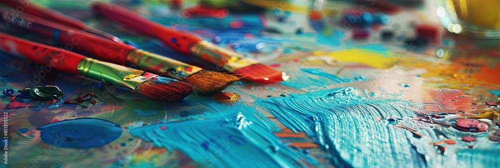 Creativity concept with colorful paints and paint brushes Creativity concept with colorful paints and paint brushes