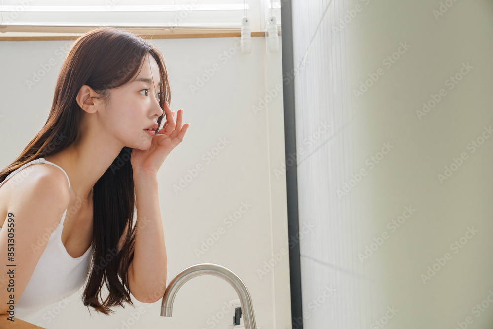 鏡の前でスキンケアをする若いアジア人女性 鏡の前でスキンケアをする若いアジア人女性