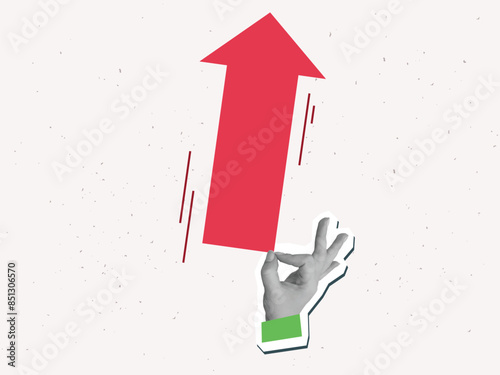 A hand with a big red arrow. Vector illustration in a modern collage style