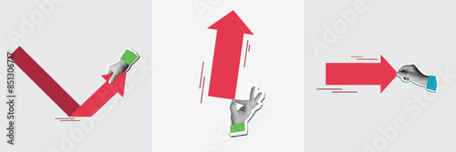 Collection of a collages with a hand with a big red arrow. Vector illustration