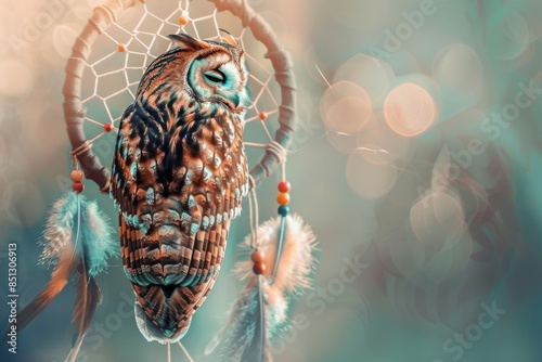 A brown owl is resting on a dreamcatcher photo