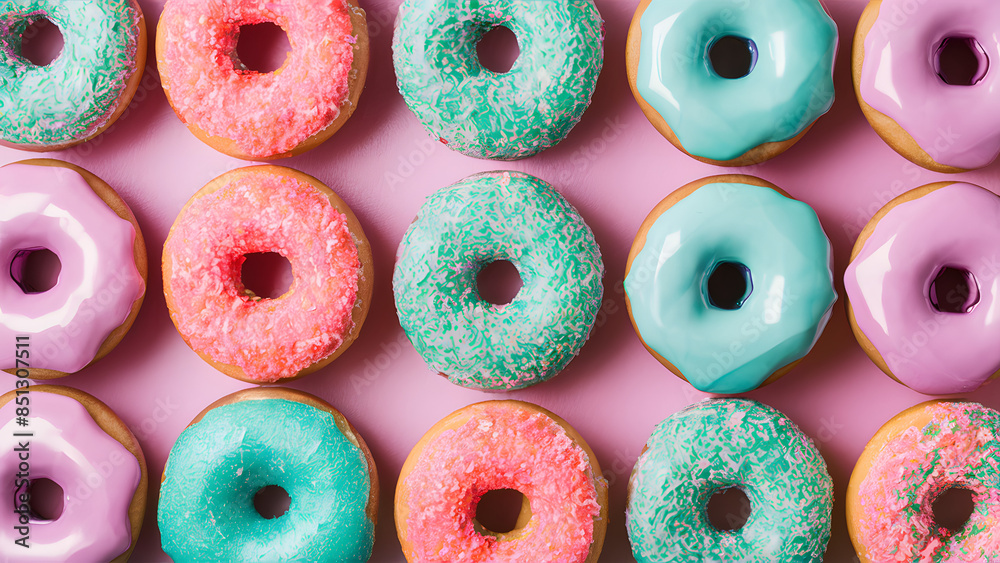 A row of colorful donuts with pink, green, and blue frosting A row of colorful donuts with pink, green, and blue frosting