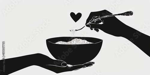 minimalist illustration of a hand putting salt in the shape of a heart into a bowl of rice photo