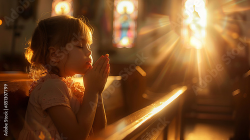 Young baby girl pray in church Christian life crisis prayer to god. Children Hands praying to god with bible on sunlight glare.