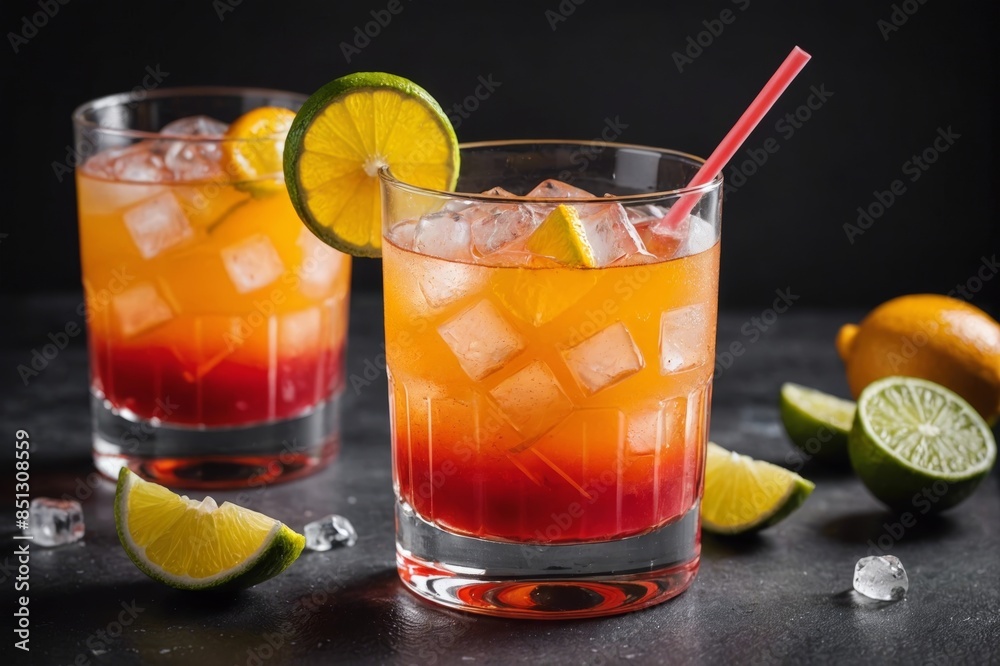 Tequila sunrise cocktail in glass with ice, refreshing summer drink. Tequila sunrise cocktail in glass with ice, refreshing summer drink.