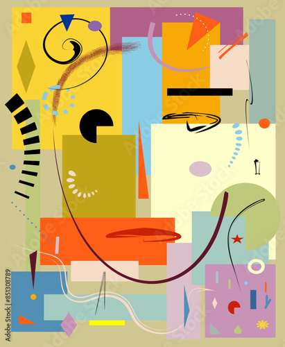 A  composition features a variety of geometric shapes, set against a multicolor background. Abstract elements and bright colors combine to create a playful  visual effect, evoking a face