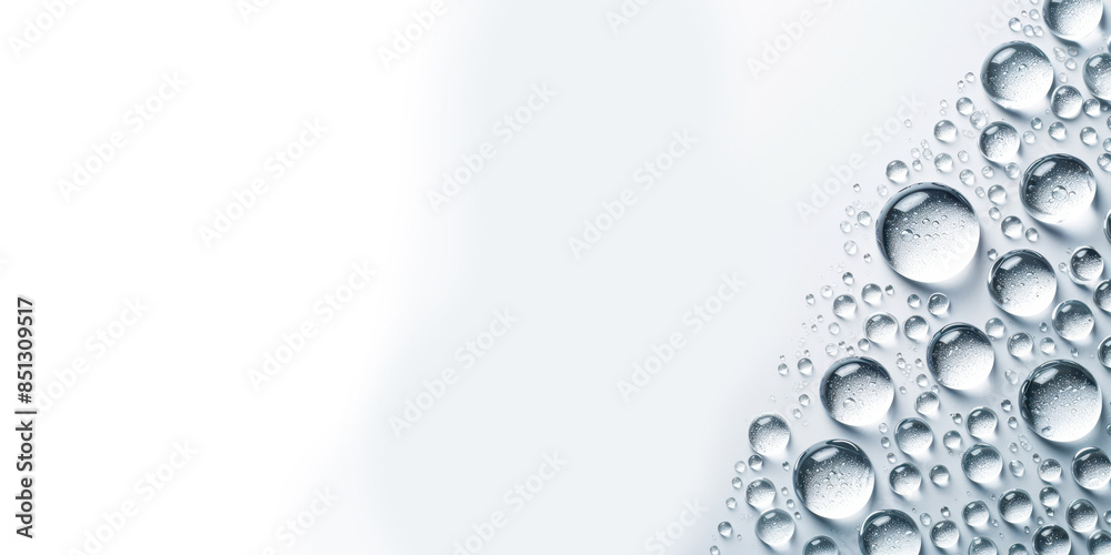 Close-up of water droplets in varying sizes arranged on a smooth white surface. Fresh and clean water concept. Close-up of water droplets in varying sizes arranged on a smooth white surface. Fresh and clean water concept.
