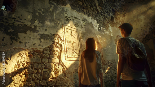 Teenagers examining strange, cryptic symbols carved into the stone walls of an abandoned building, the fading light of the setting sun casting long shadows photo