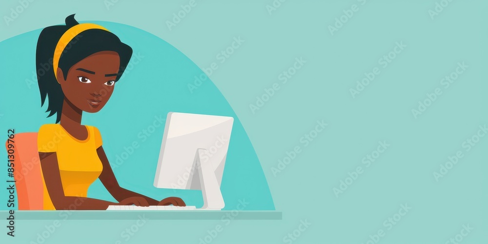 Cartoon illustration of a young African American woman at a desk with a computer, wearing a yellow top, against a teal background. Represents casual work environment and technology.