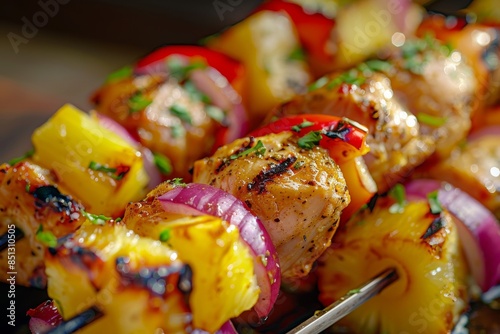 STYLE: Close-up Shot | GENRE: Gourmet | EMOTION: Tempting I SCENE: chicken skewer with pineapple, red onion and peppers | TAGS: High-end food photography, clean composition, dramatic lighting, luxurio photo