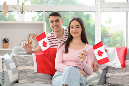 Young couple with flags of ...