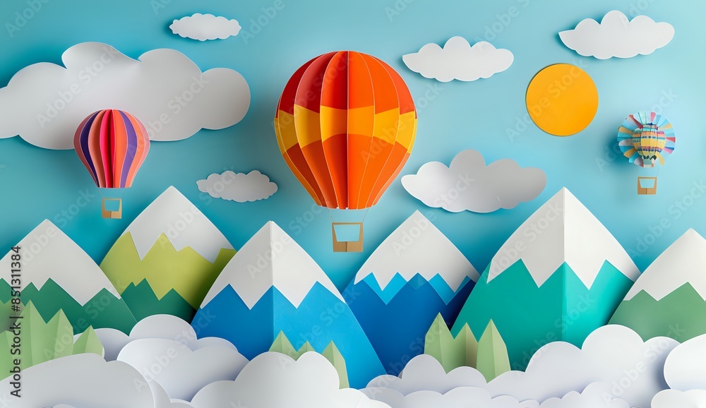 Obraz premium Colorful Hot Air Balloon Ride over Mountain Landscape