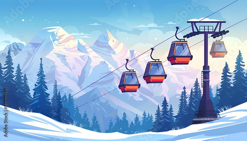 Cable cars to mount in foreground over mountains background